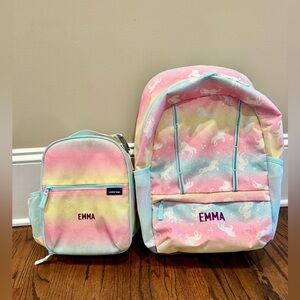 Girls Backpack & insulated lunch box EMMA glitter ombré unicorns Lands End kids